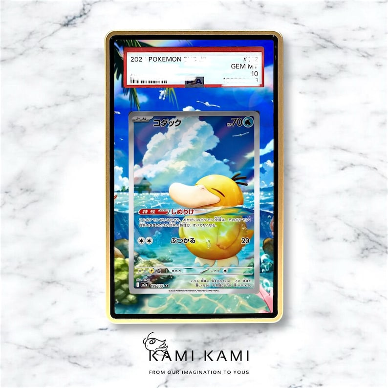 May include: A graded Pok&eacute;mon card featuring a yellow Psyduck character in a gold-framed case. The card has Japanese text and a blue and white background. The case has a red and white label with the number 10.