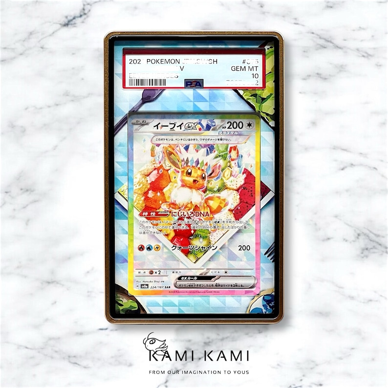 May include: A Japanese Pokemon trading card featuring Eevee, a light brown fox-like Pokemon with a rainbow-coloured background. The card is graded GEM MT 10. The card text reads "Eevee 200*" and "Rainbow DNA".