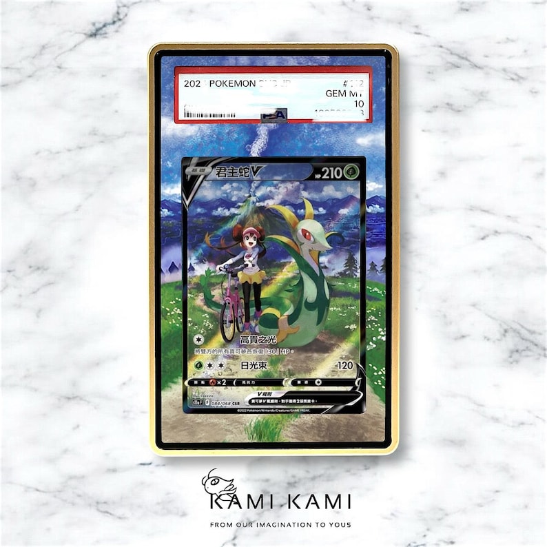 K&ouml;nnte beinhalten: Eine bewertete Pok&eacute;mon-Karte mit einer Figur auf einem Fahrrad und einer gr&uuml;n-gelben schlangenartigen Kreatur. Die Karte befindet sich in einem goldfarbenen Rahmen mit "202 POKEMON" und "GEM M 10". Die Karte hat japanischen Text.