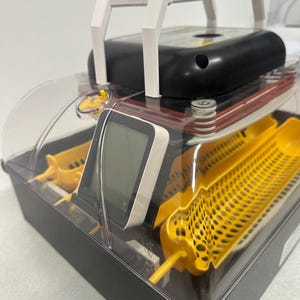 Op de afbeelding: Een eierbroedmachine met een doorzichtige plastic koepel, een zwarte basis en een witte handgreep. Binnenin bevinden zich gele plastic trays met een rasterpatroon, een zwart digitaal display en een zwarte behuizing met rode bedrading.
