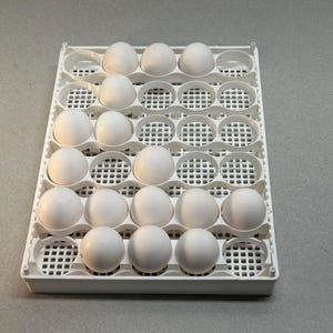May include: A white plastic egg carton with 18 white eggs inside. The carton is made of a grid pattern with individual compartments for each egg.