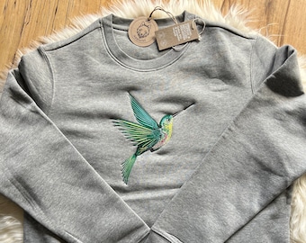 Kapuzensweatshirt bestickt mit Kolibri aus 100% Biobaumwolle, vegan, ökologisch und ethisch, Geschenk, Krafttier, gemütlich für den Herbst