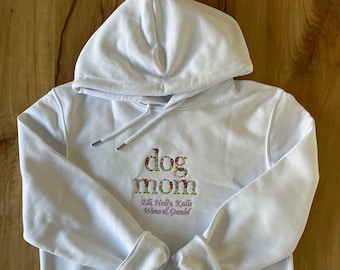 Dog Mom embroidered on sweater, customizable with dog name, floral writing on sweater, sustainable