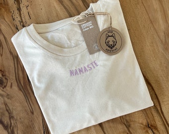 T-Shirt bestickt mit Namaste, 100% Biobaumwolle, für Yoga, als Geschenk, Unisex und personalisierbar