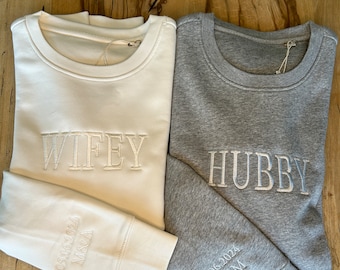 Individual hubby and wifey partner sweaters, customizable, embroidered, wedding sweater, hoodie and crewneck, sustainable and ecological