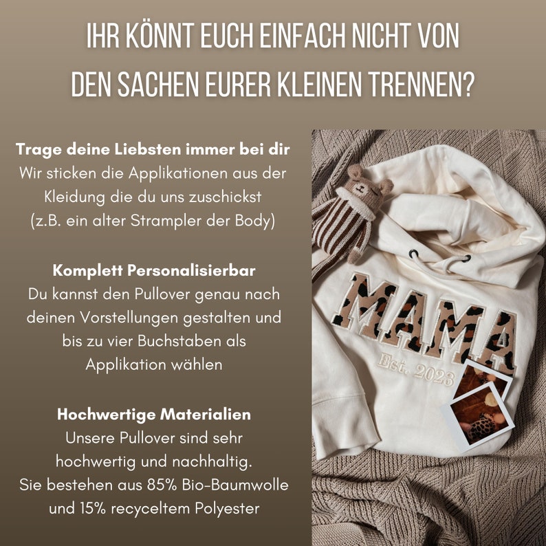 MAMA/PAPA Keepsake-Pullover bestickt mit Babykleidung, personalisierbar, Andenken, Geschenk, Applikation, nachhaltig, ökologisch Bild 2