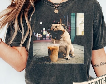 Pug Iced Coffee Shirt, Funny Grunge Aesthetic Pug Coffee Lover Tee, Pug Dog Mom Gift, Comfort Colors T-Shirt