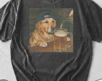 Funny Golden Retriever Drinking Beer Shirt, Silly Sarcastic Golden Retriever Novelty Meme Graphic Tee, Funny Dog Gift Men Women, T-Shirt