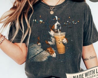Bernese Mountain Dog Iced Coffee Shirt, Funny Dog Mom Art Tee, Berner Lover Gift, Comfort Colors T-Shirt