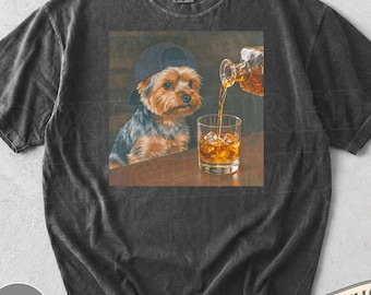 Lustiges Yorkie trinkender Whisky Shirt, dummes sarkastisches Yorkshire Terrier Neuheit Meme Grafik-T-Stück, lustiger Hund Geschenk Männer Frauen, T-Shirt