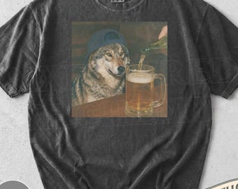 Funny Wolf Drinking Beer Shirt, Silly Sarcastic Wolf Novelty Meme Graphic Tee, Funny Animal Gift Men Women, T-Shirt