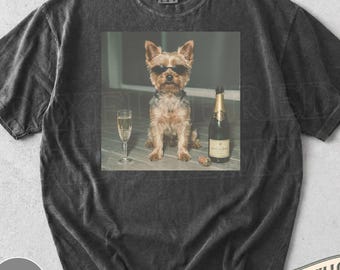 Grappige Yorkie drinken champagne shirt, Animal Meme T-shirt, Yorkshire Terrier minnaar cadeau, grappig hondenshirt, wijnliefhebber T-shirt, hond moeder cadeau