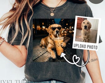 Custom Dog Iced Coffee Shirt, Personalized Photo Dog Mom Tee, Funny Pet Lover Gift, Comfort Colors T-Shirt
