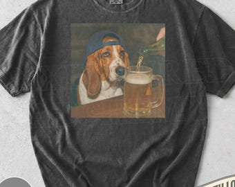 Funny Basset Hound Drinking Beer Shirt, Silly Sarcastic Basset Hound Novelty Meme Graphic Tee, Funny Dog Gift Men Women, T-Shirt