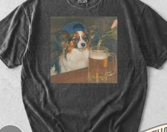 Lustiges Papillon trinkt Bier Shirt, Dummes sarkastisches Papillon Neuheit Meme Grafik T-Shirt, lustiges Hund Geschenk Männer Frauen, T-Shirt