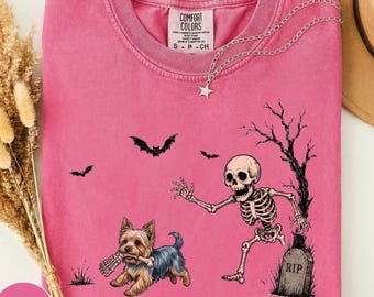 Yorkie Halloween Shirt, Funny Skeleton Yorkshire Terrier Dog Tee, Spooky Dog Lover Gift Men Women, Comfort Colors Halloween T-Shirt