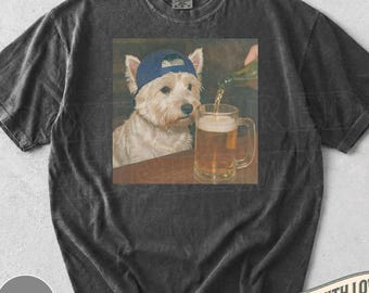Lustiges Westie trinkt Bier Shirt, Dummes sarkastisches West Highland Terrier Neuheit Meme Grafik T-Shirt, lustiger Hund Geschenk Männer Frauen, T-Shirt