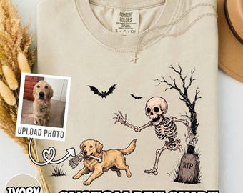 Custom Halloween Dog Shirt, Funny Personalized Skeleton Dog Photo Tee, Spooky Dog Lover Gift Men Women, Comfort Colors Halloween T-Shirt