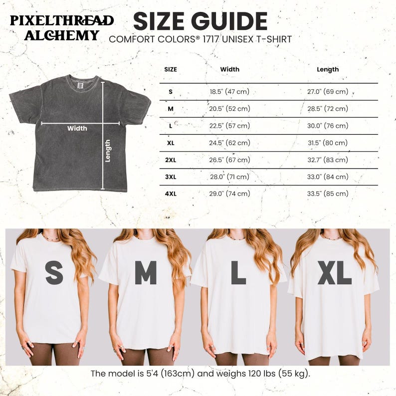 K&ouml;nnte beinhalten: Gr&ouml;&szlig;entabelle f&uuml;r ein Comfort Colors 1717 Unisex-T-Shirt. Die Tabelle enth&auml;lt Ma&szlig;e f&uuml;r die Gr&ouml;&szlig;en S bis 4XL, mit Breite und L&auml;nge in Zentimetern. Das Model ist 163 cm gro&szlig; und wiegt 55 kg.