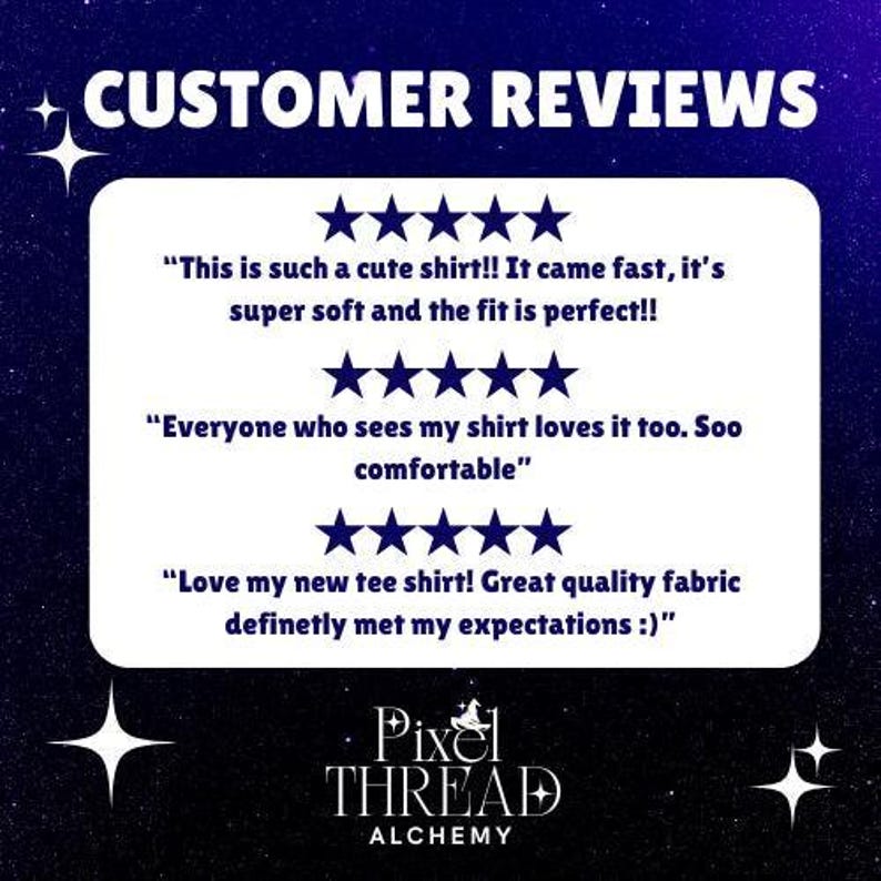 The image is a customer review for a shirt, featuring positive feedback from multiple users. The review highlights the shirt as a fast, super soft, and well-fitting garment, with a perfect fit. It also mentions that the shirt is loved by everyone who sees it, and the quality fabric is definitively met the user's expectations. The review is from a pixel Thread Alchemy brand, and it is described as a cute shirt.