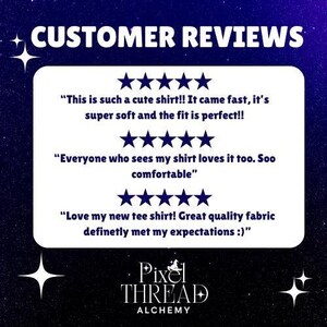 May include: A graphic featuring customer reviews for a shirt. The reviews are displayed on a white rectangle with a dark blue background. The text reads: "This is such a cute shirt!! It came fast, it's super soft and the fit is perfect!!" and more.