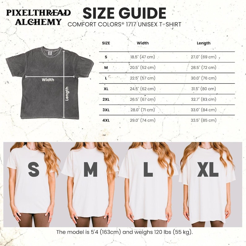 K&ouml;nnte beinhalten: Eine Gr&ouml;&szlig;entabelle f&uuml;r das Unisex-T-Shirt Comfort Colors 1717 von Pixelthread Alchemy. Sie enth&auml;lt eine Tabelle mit Breiten und L&auml;ngen in cm f&uuml;r die Gr&ouml;&szlig;en S bis 4XL sowie vier Bilder eines Modells in den Gr&ouml;&szlig;en S, M, L und XL.