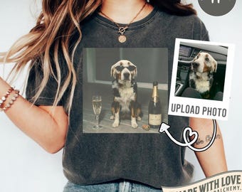 Aangepaste hond shirt drinken champagne, grappige gepersonaliseerde foto sarcastische nieuwigheid meme grafisch T-shirt, hond moeder wijnliefhebber cadeau mannen vrouwen, T-shirt