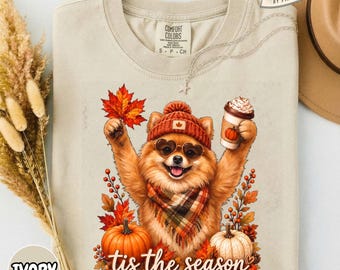 Tis The Season Pomeranian Shirt, Cute Fall Dog Mom Coffee Pumpkin Tee, Thanksgiving Dog Lover Gift, Comfort Colors T-Shirt