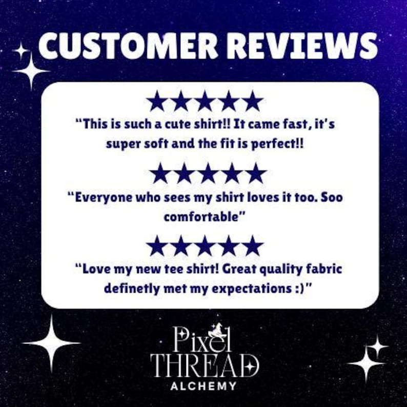 The image is a customer review for a shirt, featuring positive feedback from multiple users. The review highlights the shirt as a fast, super soft, and well-fitting garment, with a perfect fit. It also mentions that the shirt is loved by everyone who sees it, and the quality fabric is definitively met the user's expectations. The review is from a pixel Thread Alchemy brand, and it is described as a cute shirt.