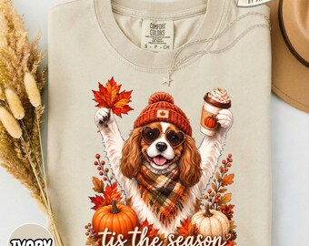 Tis The Season Cavalier Shirt, Cute Fall Dog Mom Coffee Pumpkin Tee, Thanksgiving Dog Lover Gift, Comfort Colors T-Shirt