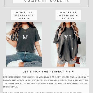 The image is a size chart for a model wearing a size M and a size XL, with the model shown wearing a size XL for an oversized T-shirt dress style.