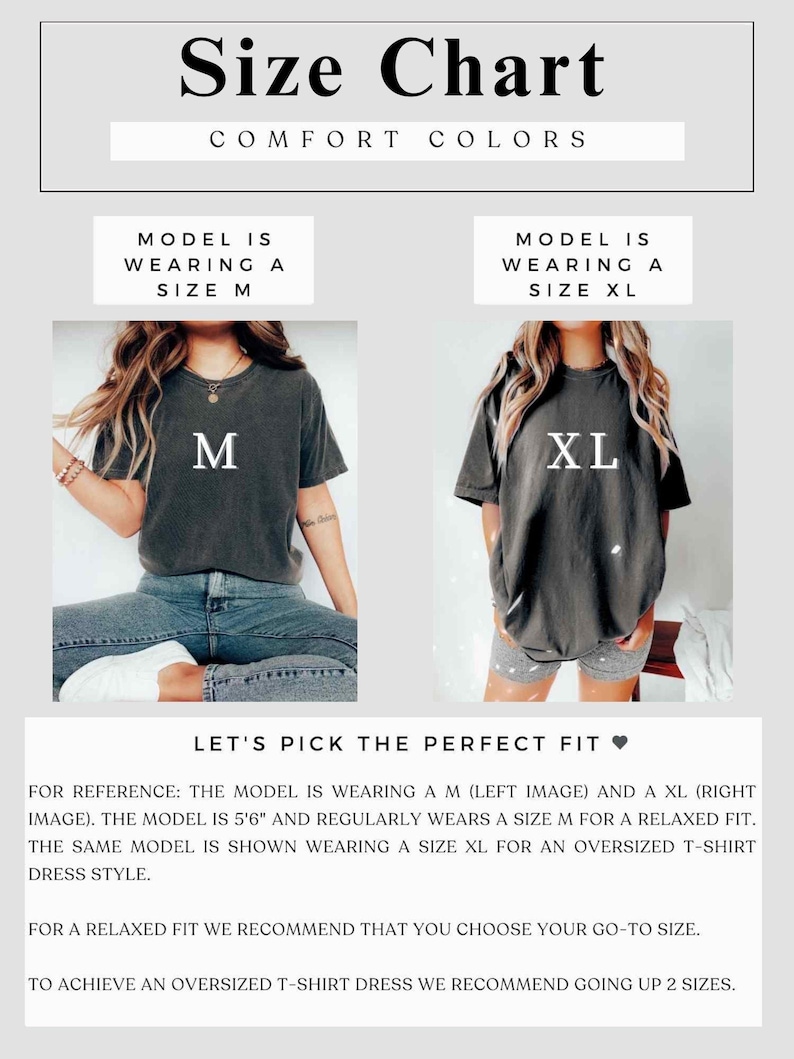 The image is a size chart for a model wearing a size M and a size XL, with the model shown wearing a size XL for an oversized T-shirt dress style.