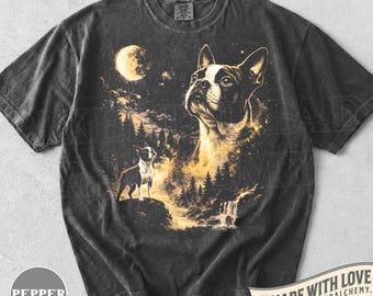 Boston Terrier Howling Moon Vintage Shirt, lustiges 90er Jahre Vollmond Boston Terrier Retro Grafik-T-Shirt, Boston Terrier Liebhaber Geschenk, T-Shirt
