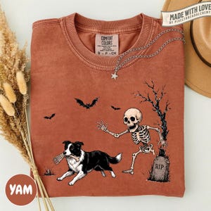May include: A rust-colored short-sleeve t-shirt featuring a graphic of a skeleton reaching toward a black and white border collie holding a bone in its mouth. The design includes a tombstone marked RIP, a bare tree, and two flying bats.