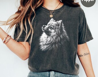 Camiseta con silueta de Pomerania en colores cómodos, camiseta de Pomerania, regalo para dueño de Pomerania, camiseta para amantes de los perros Pomerania.