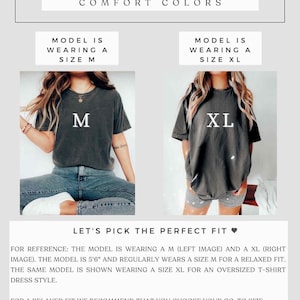 The image is a size chart for a model wearing a size M and a size XL, with the model shown wearing a size XL for an oversized T-shirt dress style.
