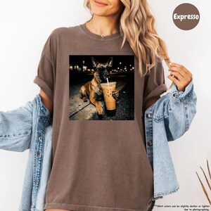 May include: Brown t-shirt featuring a square graphic of a dog wearing sunglasses and drinking iced coffee. The dog is lying on a sidewalk at night. The word "Expresso" is printed on the upper right corner of the shirt.
