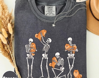 Halloween Pomeranian Shirt, Comfort Colors Spooky Season Skeleton Pom Dog Tee, Dog Lover Pom Mom Pet Owner Gift