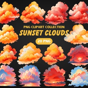 May include: A collection of 20 digital clipart images of sunset clouds in various shapes and colors. The clouds are rendered in a watercolor style and are perfect for adding a touch of whimsy to your designs.