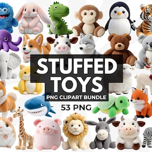 Paquete de imágenes prediseñadas de juguetes rellenos, colección de juguetes de peluche, animales de juguete rellenos lindos realistas, peluches esponjosos, juguete suave para niños, uso comercial