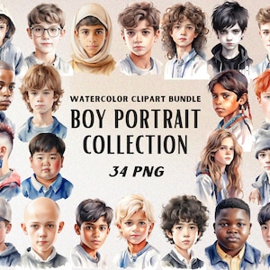 Collection de cliparts aquarelles de portraits de garçons, visages d'enfants, jeune homme de différentes origines ethniques, belle illustration d'adolescent, beaux garçons