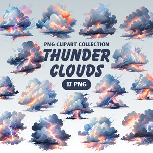 Thunder Clouds Clipart, Stormy Lightning Cloud Collection, Cloud Watercolor, Weather Graphics, Instant Download, Digital PNG, Commercial Use