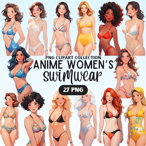 Clipart de trajes de banho femininos de anime, coleção de trajes de banho sexy da moda, trajes de banho retrô, retratos de biquíni, mulher de corpo de praia, pacote de senhoras de desenhos animados