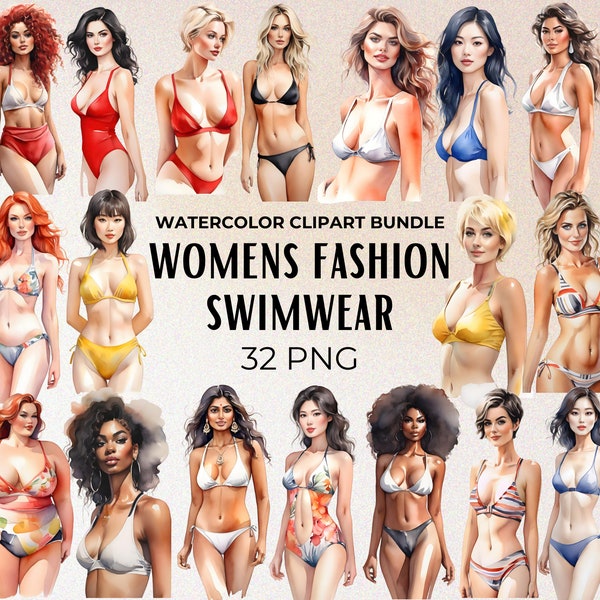 Women's Fashion Swimwear Clipart, Watercolor Swimsuit Collection, Retro Swimwear, Ladies Bikini Portraits, Two-piece Wear, Beach Body Woman