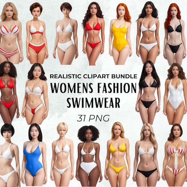 Women's Fashion Swimwear Clipart, Realistic Swimsuit Collection, Retro Swimwear, Ladies Bikini Portraits, Two-piece Wear, Beach Body Woman