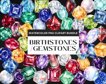 Watercolor Birthstone Clipart Bundle, Gemstones Vector Illustration, Birthday Stones, Crystal Elements, Shiny Jewelry, Birth month Gems