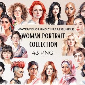 Coleção de clipart de retratos femininos em aquarela, rostos bonitos de meninas, mulheres com diferentes etnias, retratos de mulheres bonitas, garotas bonitas