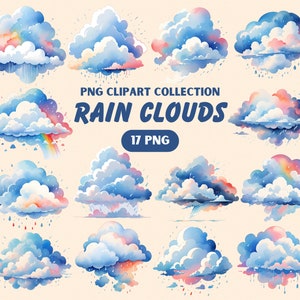 Puede incluir: Una colección de 17 ilustraciones de acuarela de nubes de lluvia en varios tonos de azul, rosa y amarillo. Las nubes se representan con gotas de lluvia, arcoíris y rayos. PNG CLIPART COLLECTION RAIN CLOUDS 17 PNG