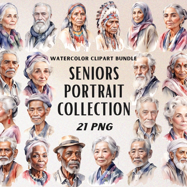 Elderly Portrait Clipart, Grandparents Collection, Watercolor Senior Illustrations, Old People, Old-aged, Grandmother, Grandfather