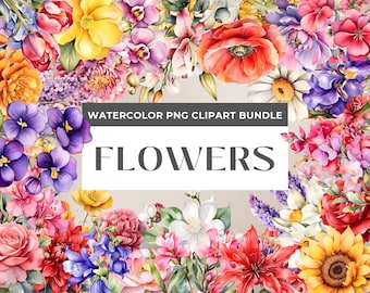 Watercolor Floral Clipart Bundle, Beautiful Flowers Collection, Blooms Autumn Spring Wildflower Graphics, Vibrant Botanical Illustration